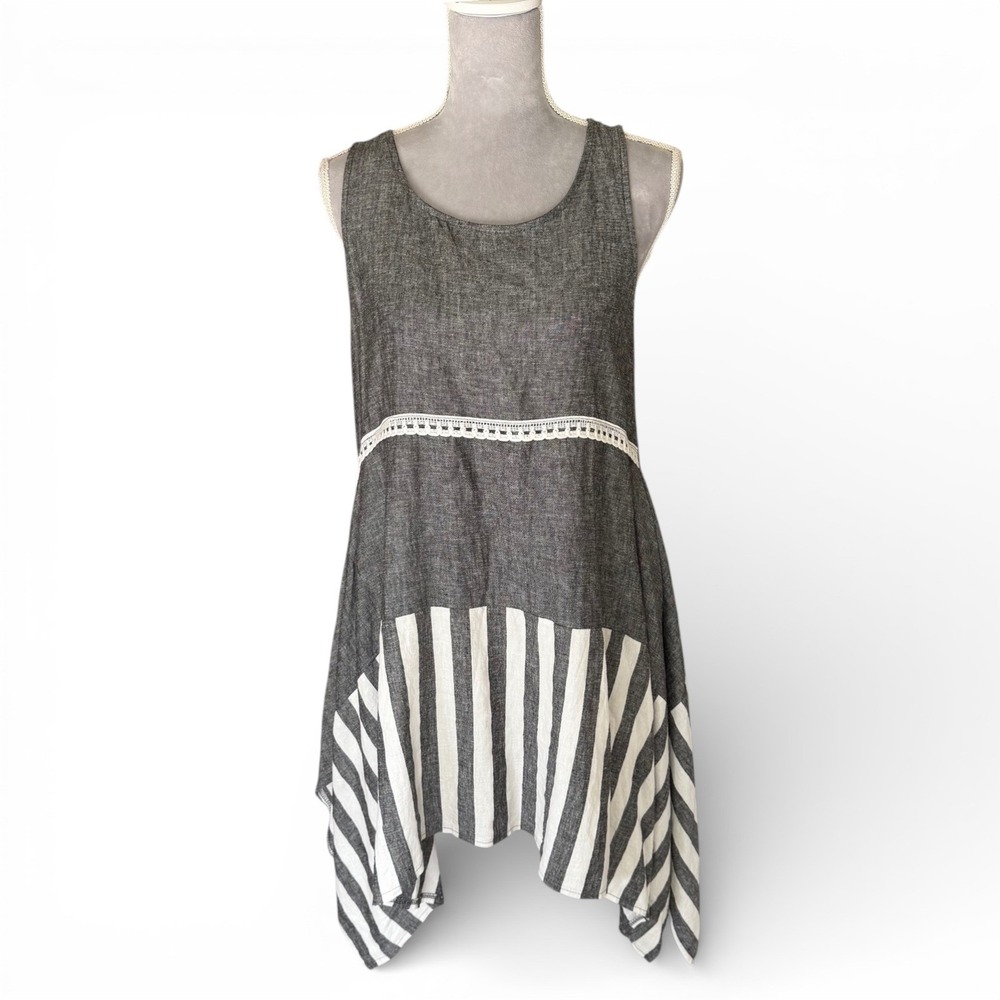 Italian Linen Tunic Top Womens One Size‎ Sleeveless Gray Striped Artsy